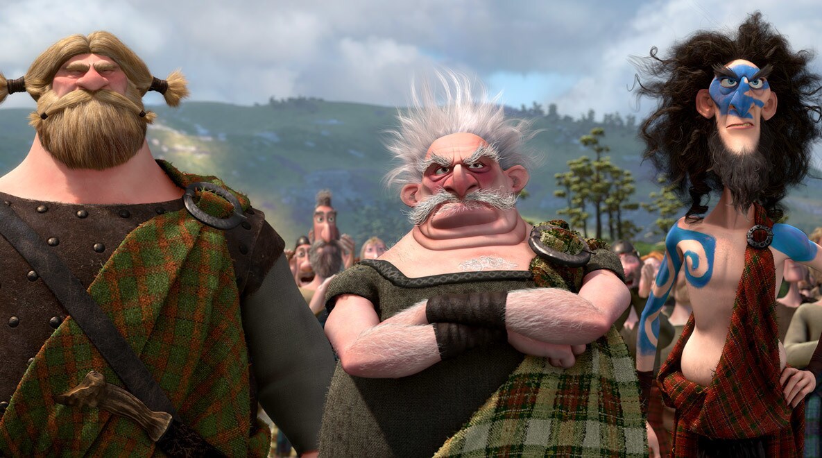 Lord MacGuffin (played by Kevin McKidd), Lord Dingwall (played by Robbie Coltrane), and Lord Macintosh (played by Craig Ferguson) watch over the Highland Games in the movie Brave