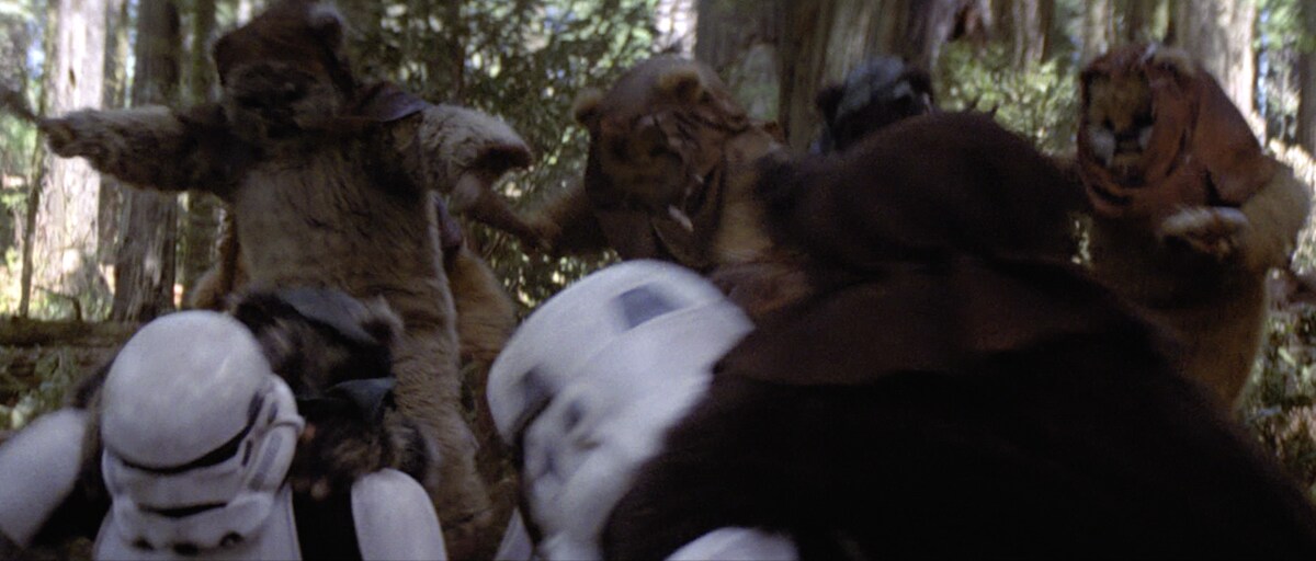 Stormtroopers being ambushed by Ewoks on Endor Stormtroopers being ambushed by Ewoks on Endor