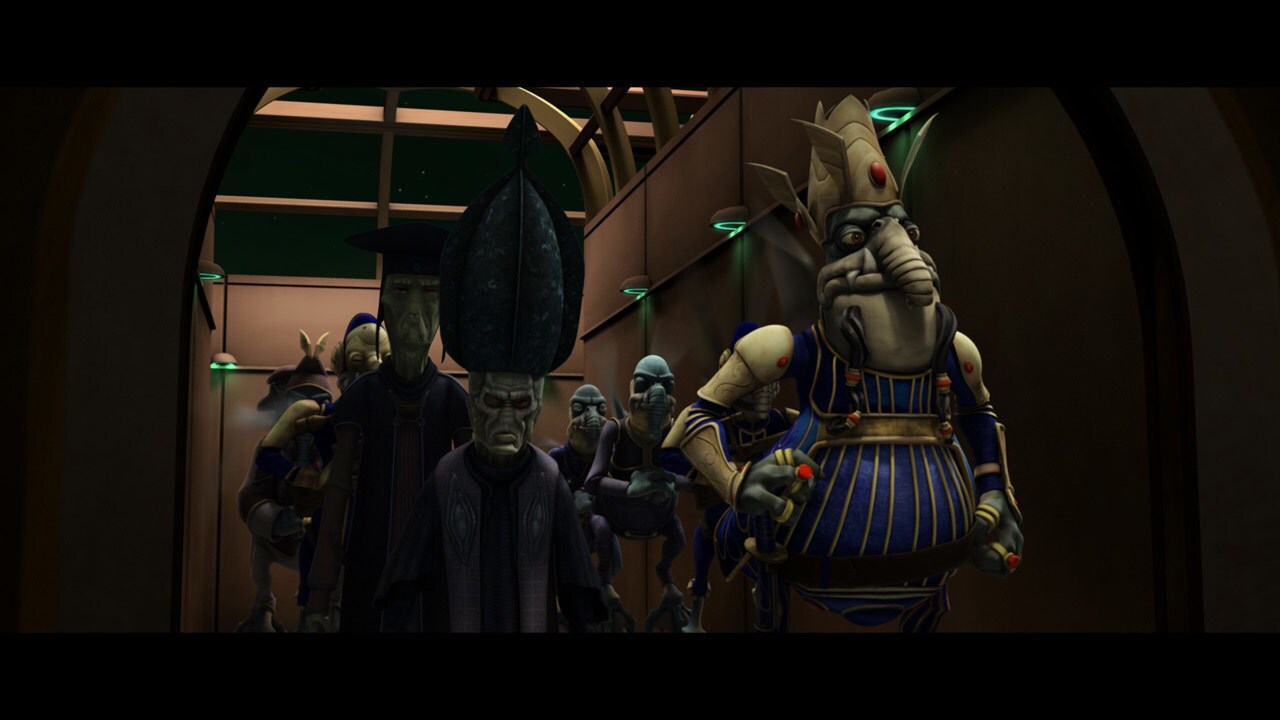 Bail tells Jar Jar he will signal him when the ships are ready to depart, and hands him a comlink...