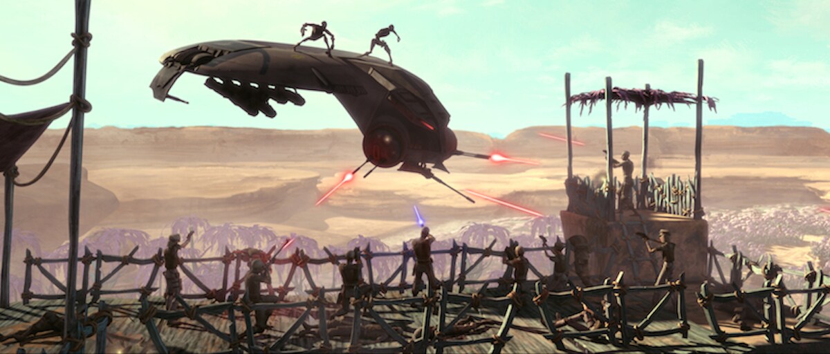 A droid gunship shooting at the Onderon Rebel cell