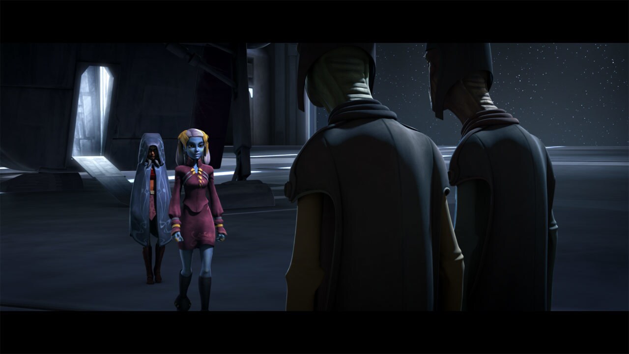 Senator Chuchi arrives at the Trade Federation ship under the guise of a diplomatic mission, with...