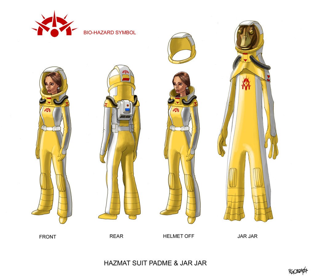 Concept art for the hazmat suits worn by Padmé and Jar Jar