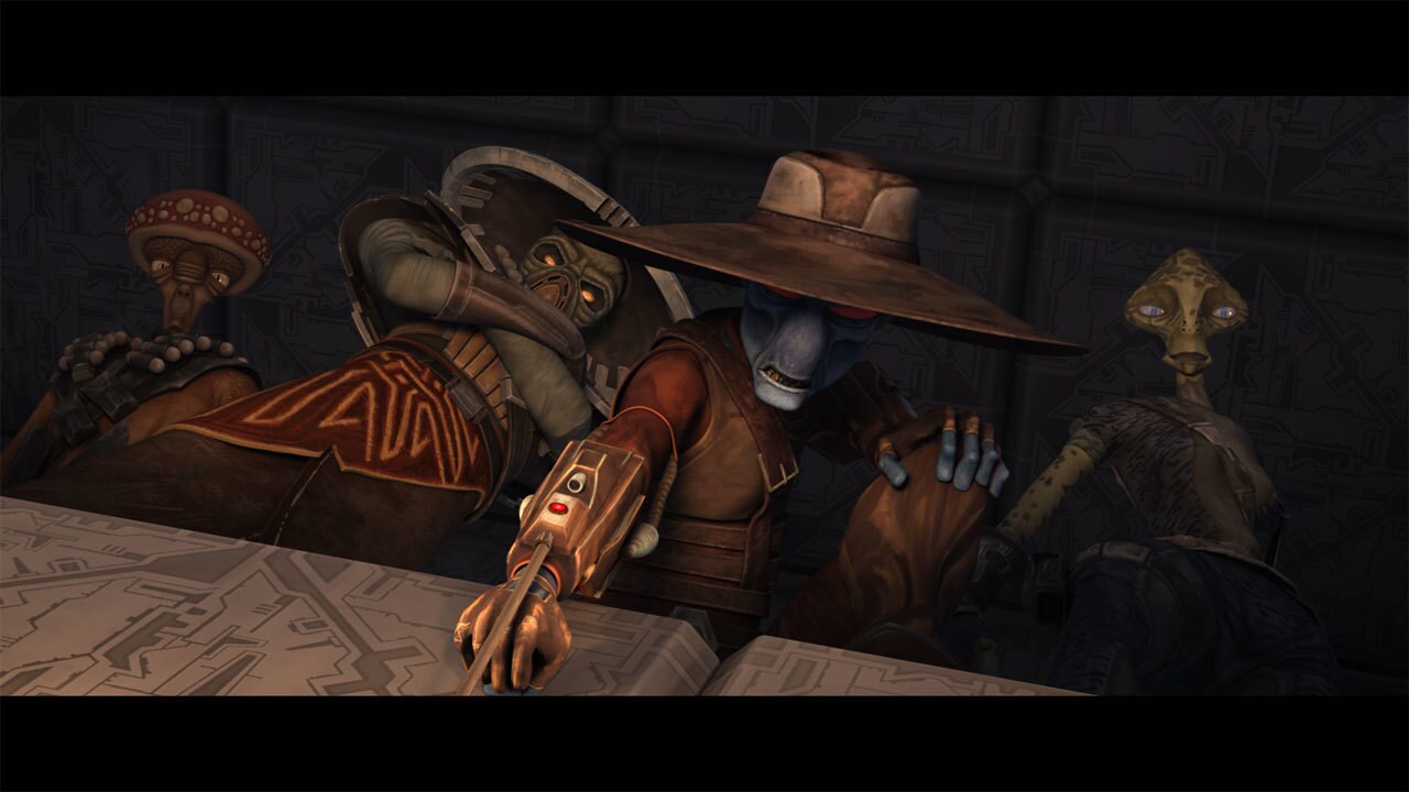Instead of falling to his death, Hardeen is saved by Cad Bane, who ropes his wrist and pulls him ...