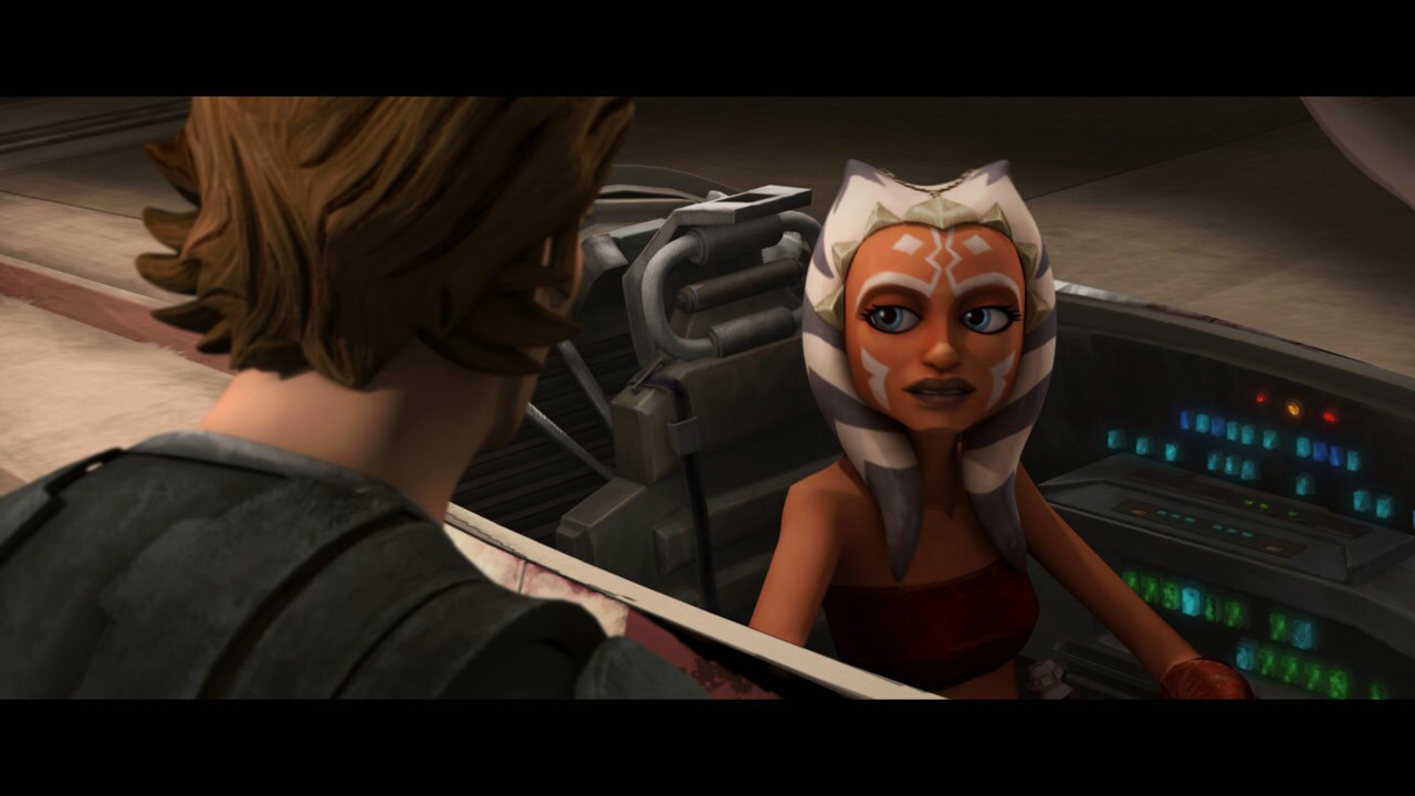 In the Resolute's hangar, Ahsoka readies her Jedi starfighter and astromech droid, R7-A7. This is...