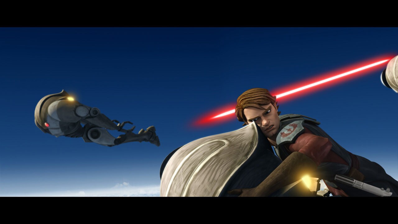 One droid lands atop Anakin's gunship and begins to tear apart the cockpit canopy. Anakin orders ...