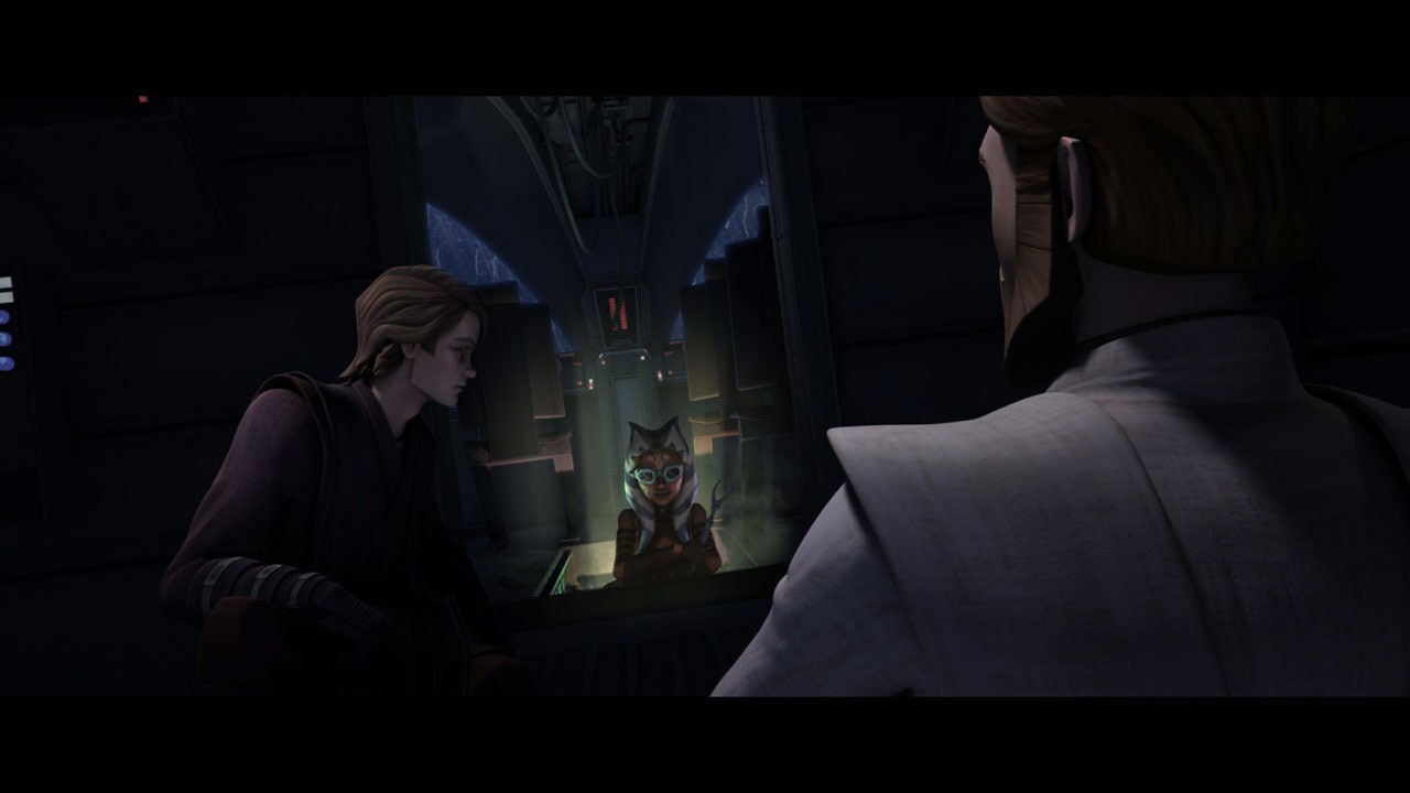 At the shuttle, Ahsoka reports her appraisal of the ship's condition to Anakin and Obi-Wan -- she...