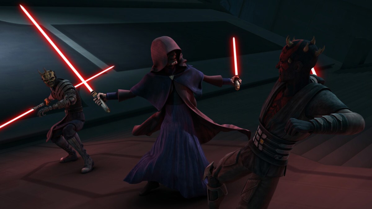 Darth Sidious dueling Darth Maul and Savage Opress