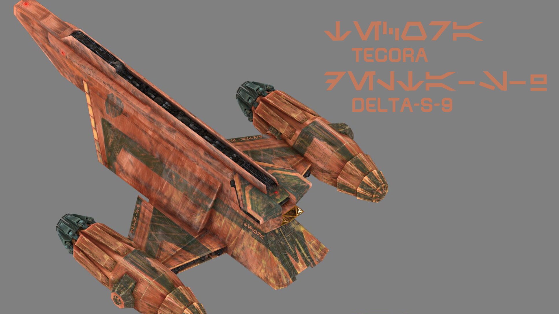 The Tecora has its name written on its hull in Aurebesh type, as well as the words "DELTA S-9" on...