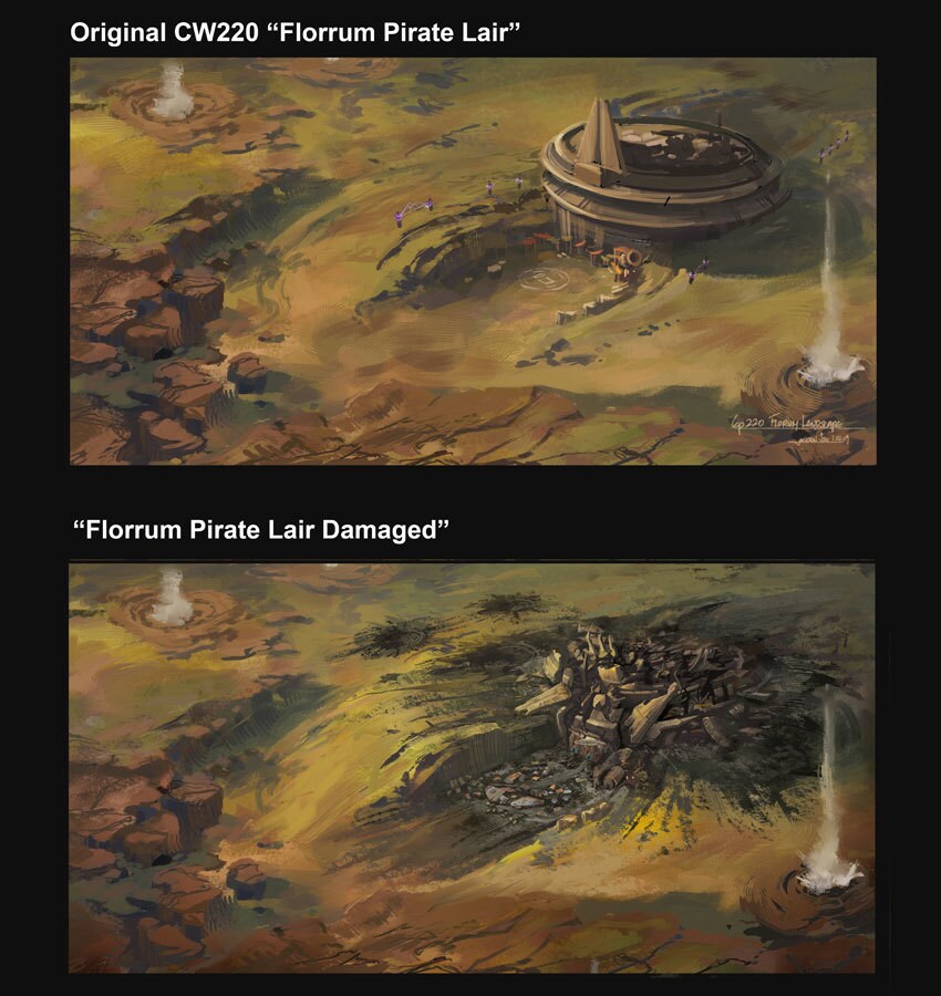 Comparative concept art of Florrum pirate lair, undamaged (by Jackson Sze) from "Lethal Trackdown...