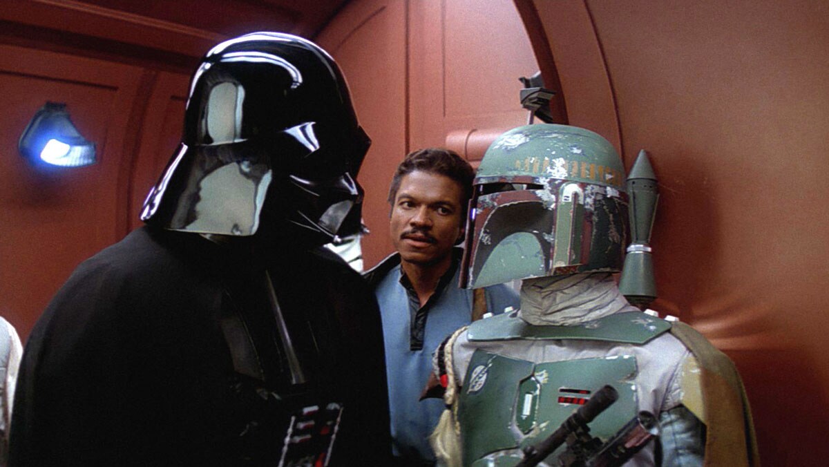 Darth Vader, Lando, and Boba Fett discussing the fate of Han Solo