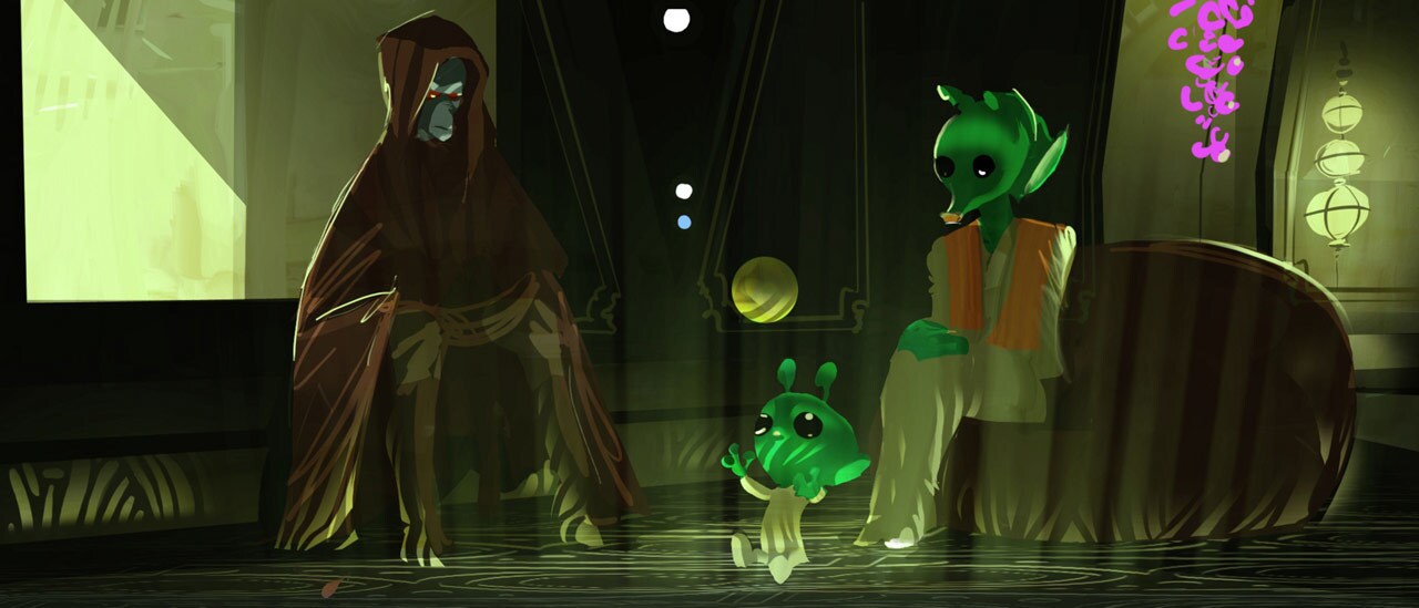 Concept art of Cad Bane with a Rodian mother and child