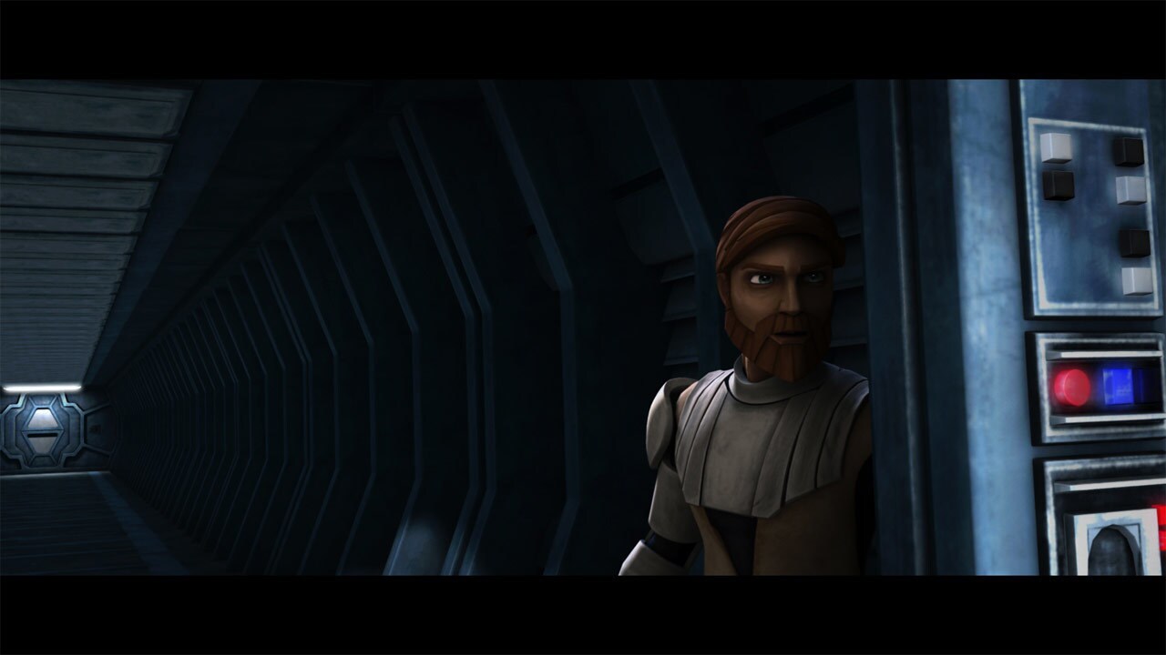 Using a rocket-pack, a space-suited Obi-Wan Kenobi boards a Separatist frigate. Inside the ship, ...