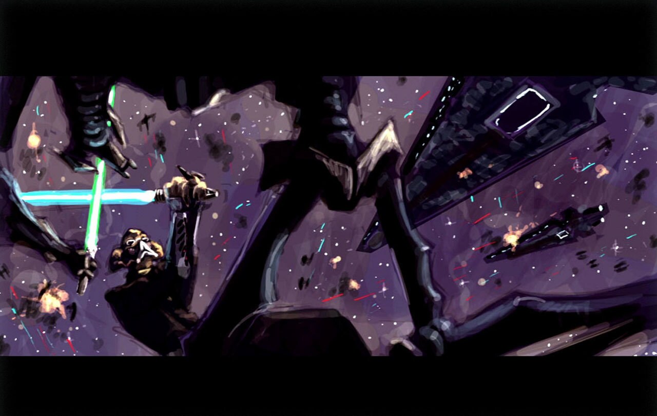 Early abandoned scene idea of Plo Koon (with space mask) fighting General Grievous in the debris ...