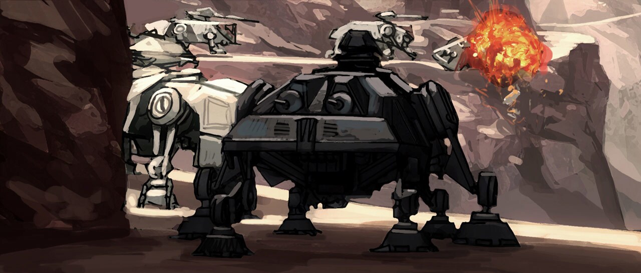 Concept art of the AT-TEs under attack on Ryloth