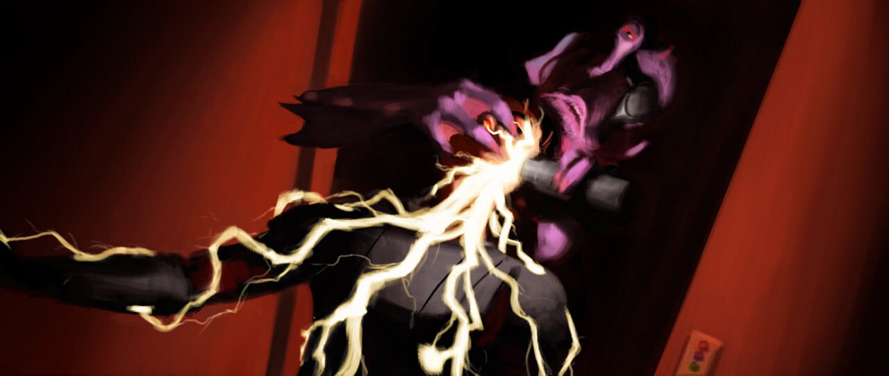 Concept art of Anakin being zapped by Robonino 