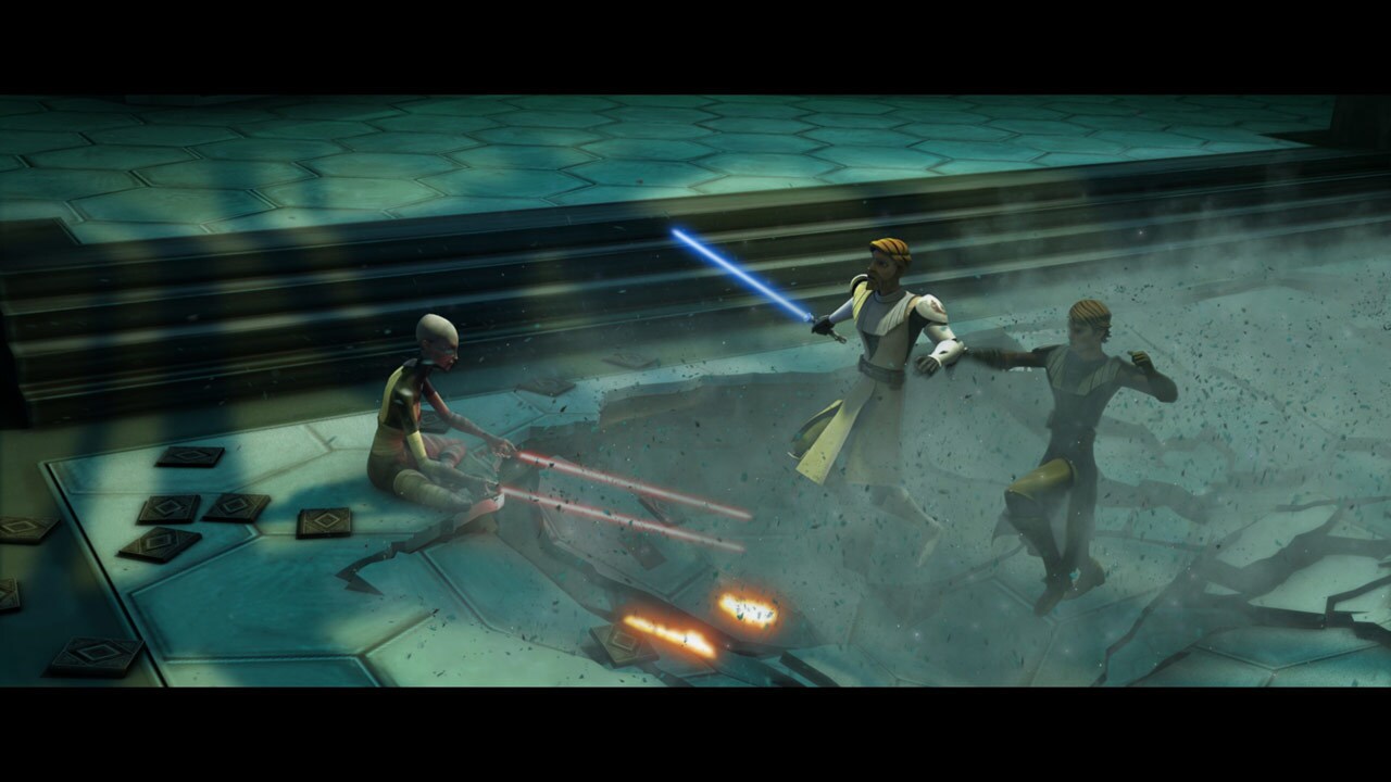 In the upper balconies of Separatist headquarters, Ventress sets a trap for Anakin and Obi-Wan. S...