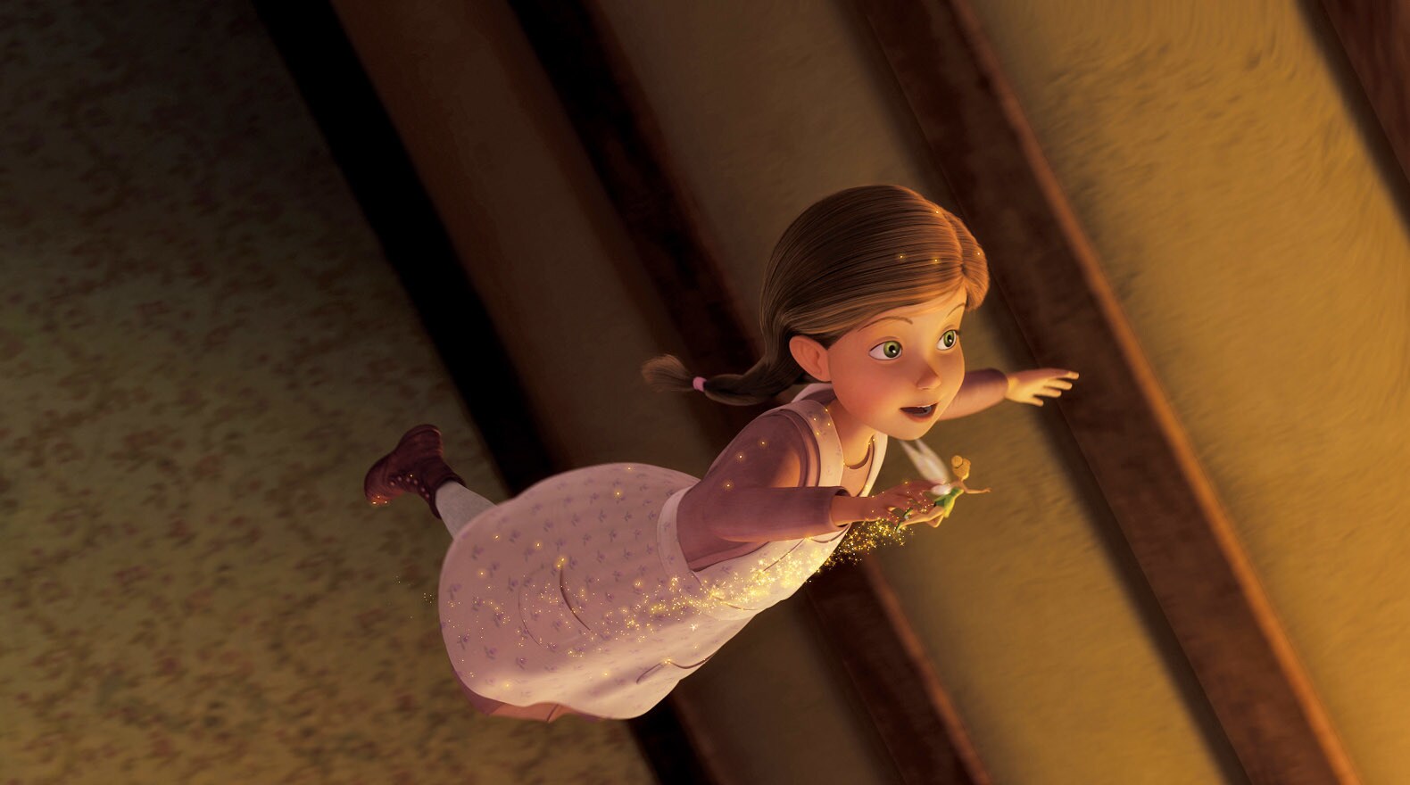 With a little pixie dust, Lizzy flies around her room.
