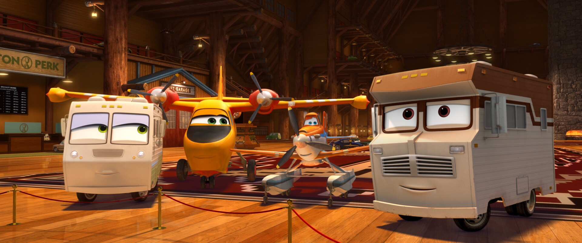 Winnie (Anne Meara), Harvey (Jerry Stiller), Dusty (Dane Cook) and Lil Dipper (Julie Bowen) in the movie "Planes: Fire & Rescue"