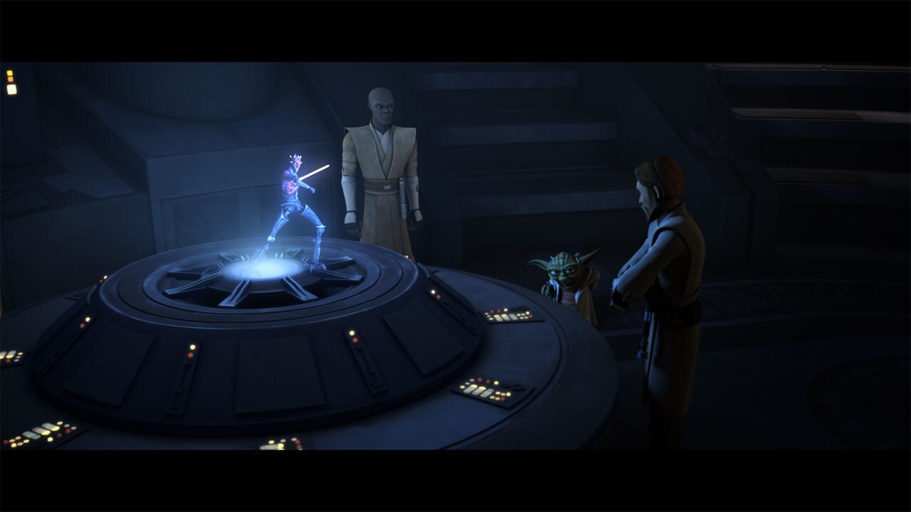 At the Jedi Temple, the grim Masters look upon a holographic transmission from Maul, demanding th...