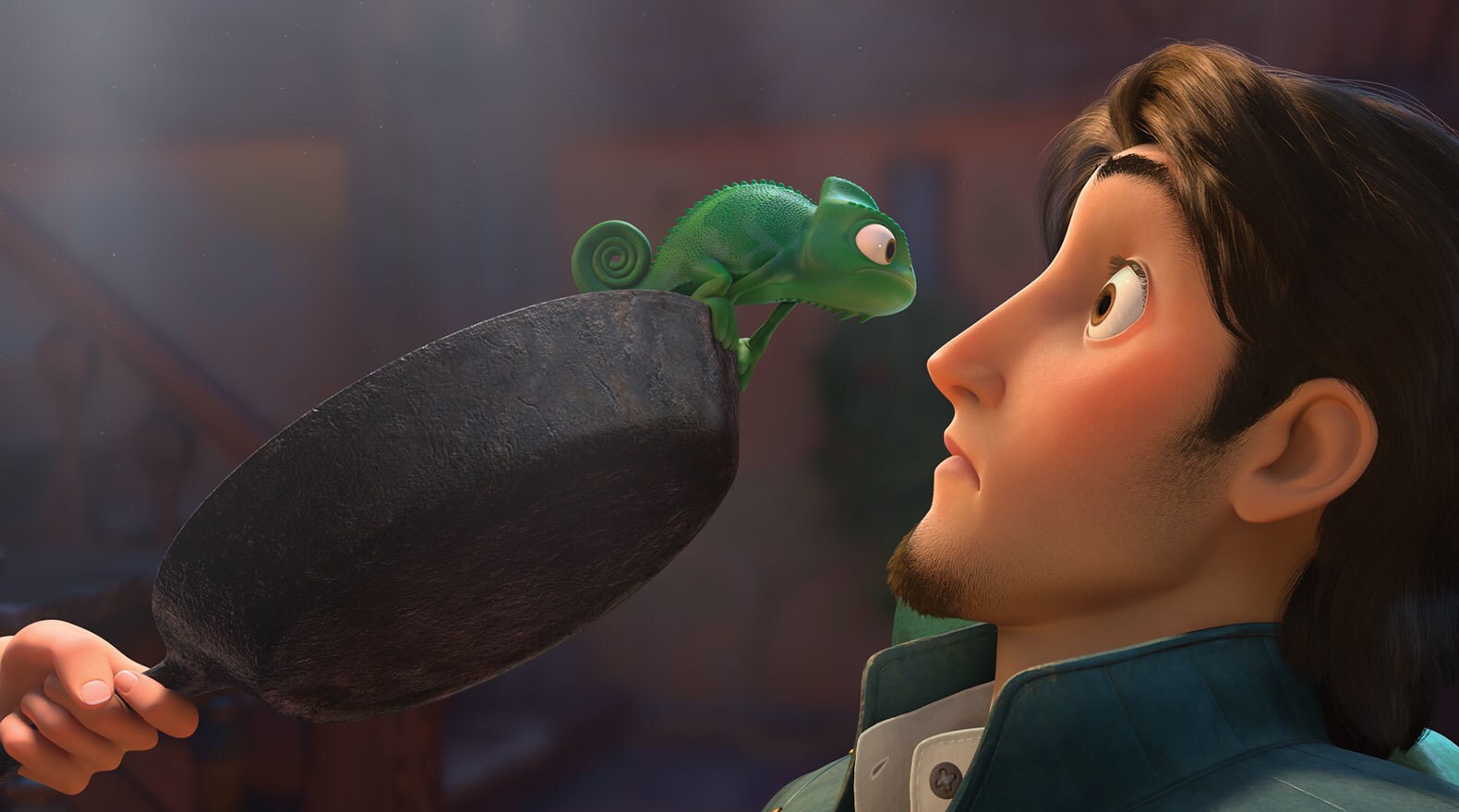 Pascal a chameleon staring at Flynn Rider voiced by Zachary Levi in Tangled