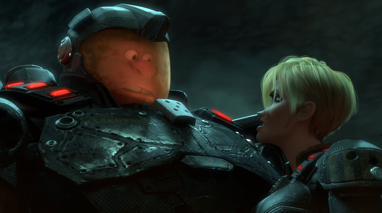Calhoun, played by Jane Lynch, telling Ralph, played by John C. Riley, how things work in the game Hero's Duty in "Wreck-It Ralph"
