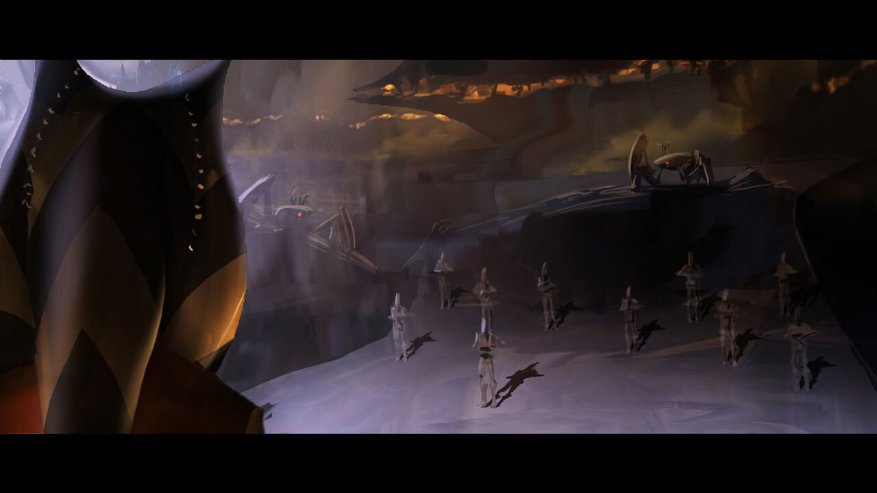 Ahsoka emerges from the fuel pipe to see enemy droids, lighting concept