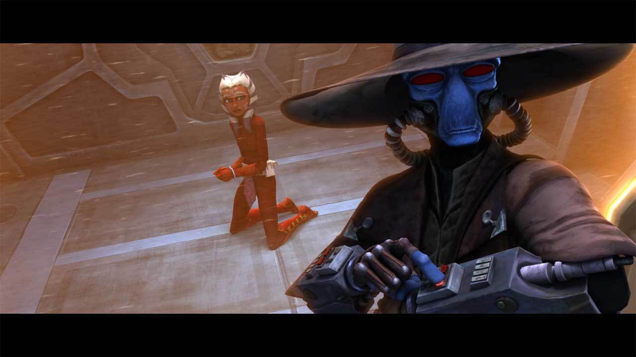 Bane got the jump on the impetuous Ahsoka, and zapped her unconscious with a stun charge. Bane lo...