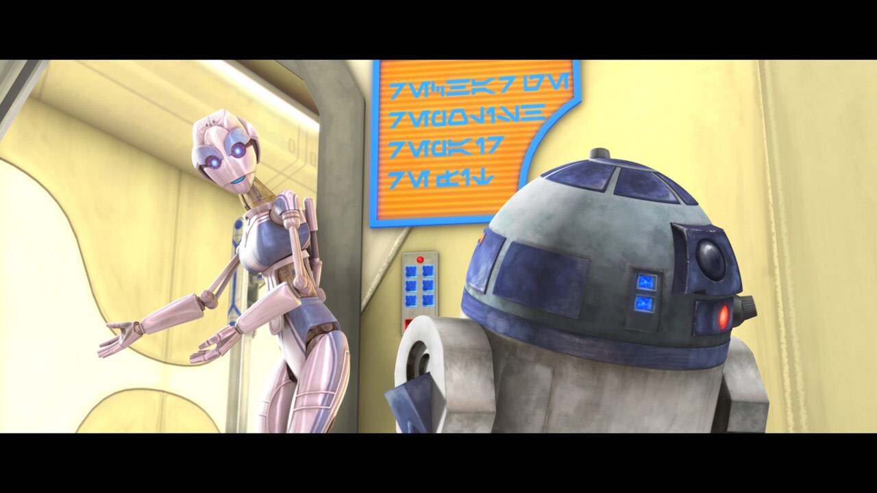 Artoo is welcomed to the droid spa. Multiple droids are undergoing cleansing treatments. Artoo ex...