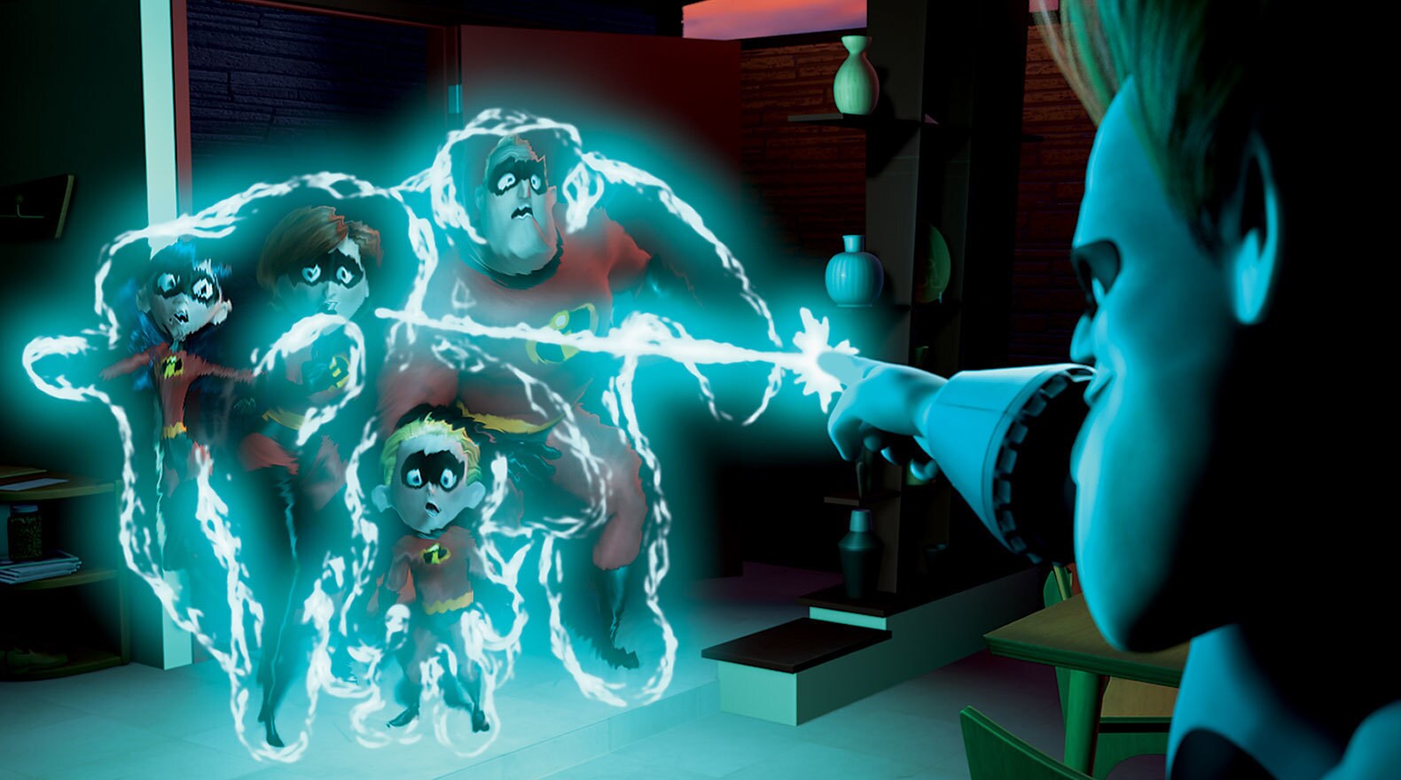 Syndrome keeps The Incredibles at bay with his zero gravity tool in "The Incredibles"