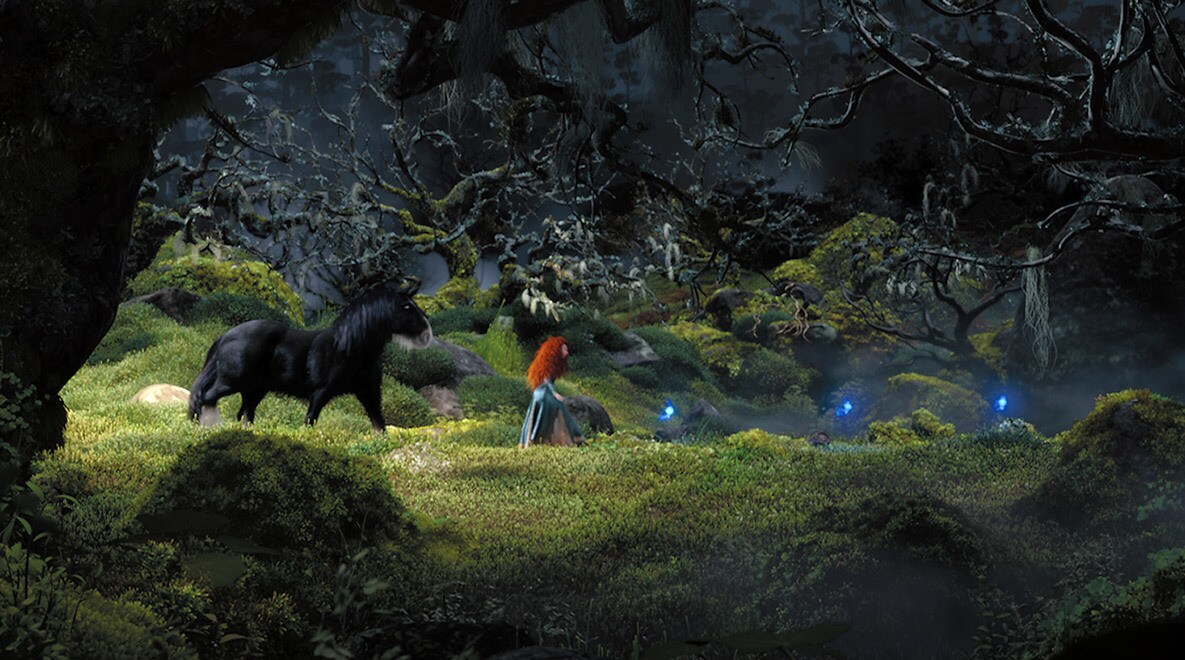 Merida, voiced by Kelly Macdonald, and her horse Angus in the woods walking towards Wisps in the movie Brave