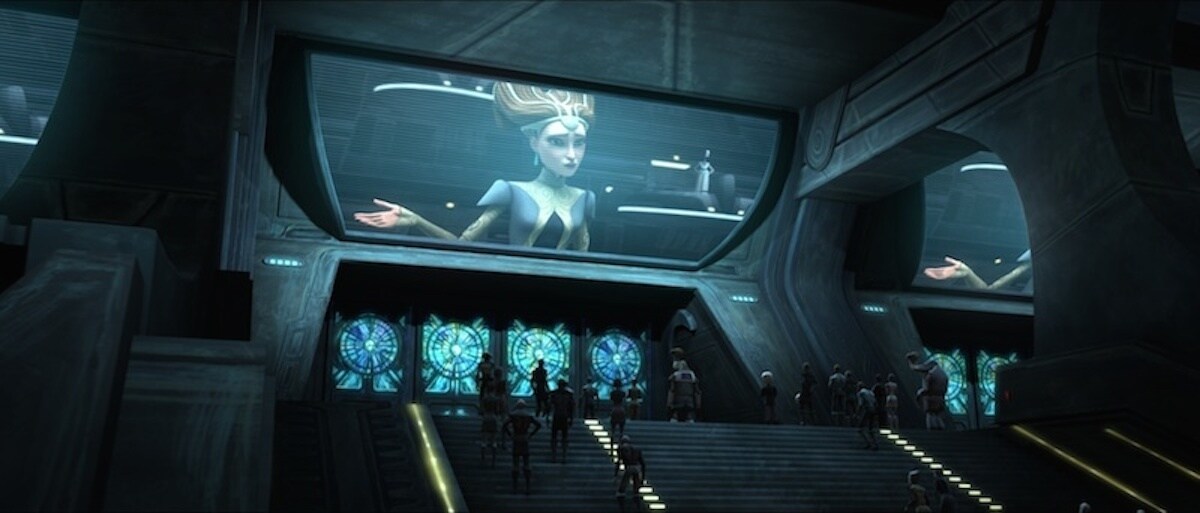 Padme Amidala broadcasting a speech to the citizens of Coruscant