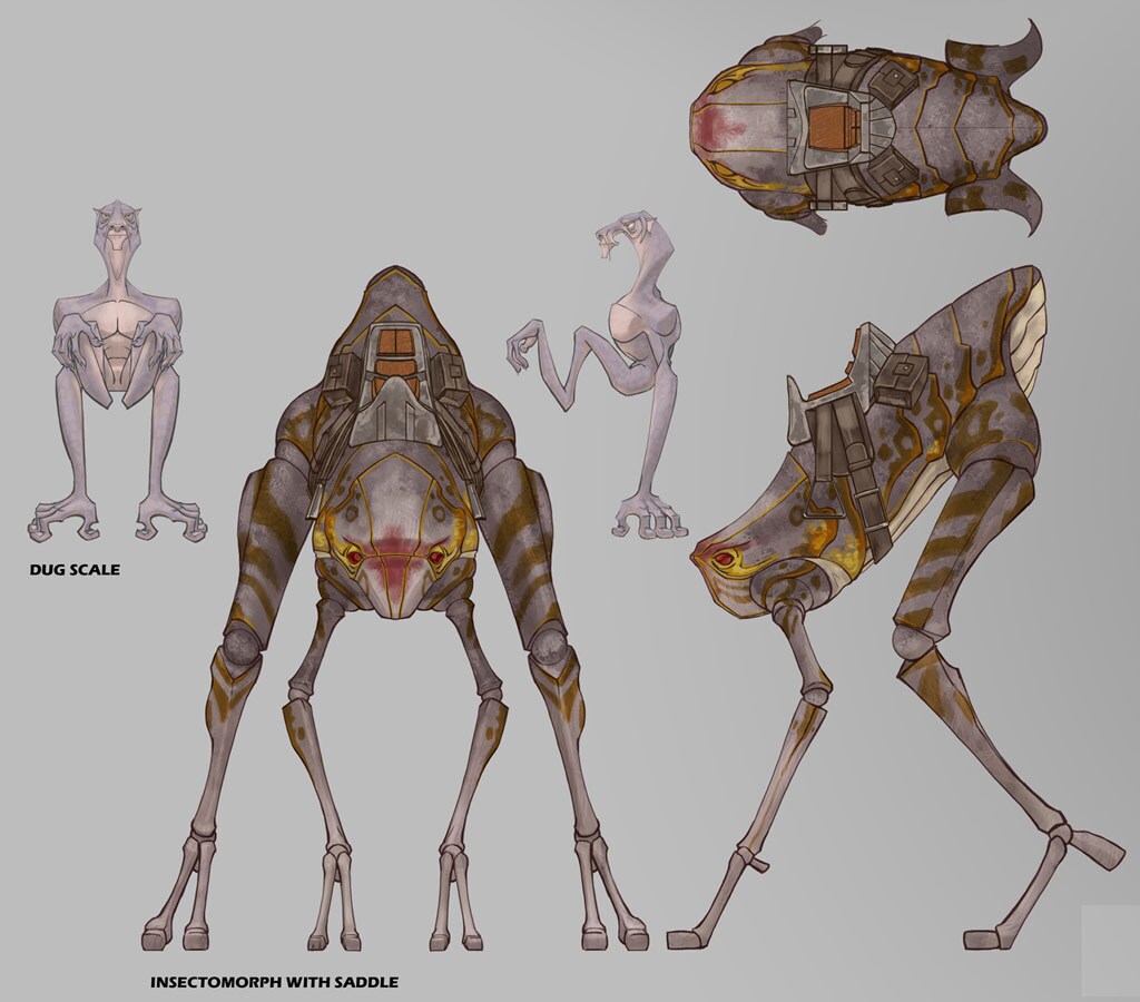 Concept art of an insectomorph with a saddle next to a Dug