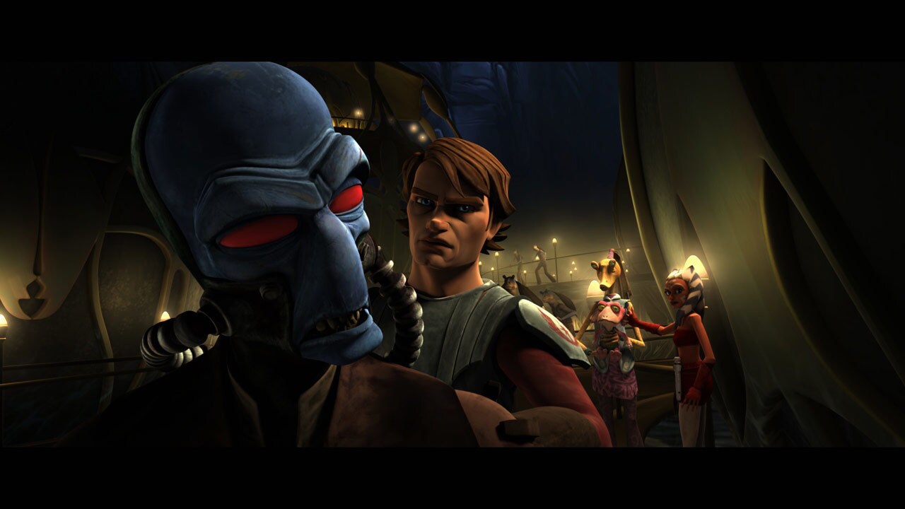Ahsoka springs from behind Bane, and after a brief tussle, Bane attempts to rocket away on his ho...