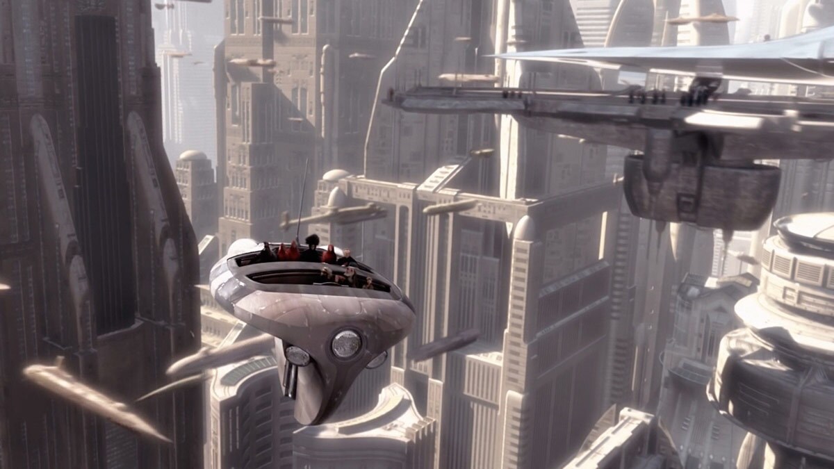 A transport flying through the Coruscant skyline