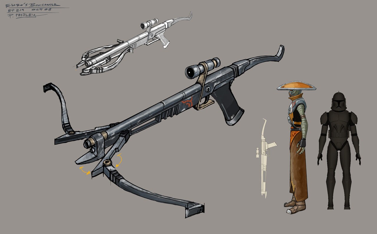 Concept art of mercenary Embo and his heavy bowcaster