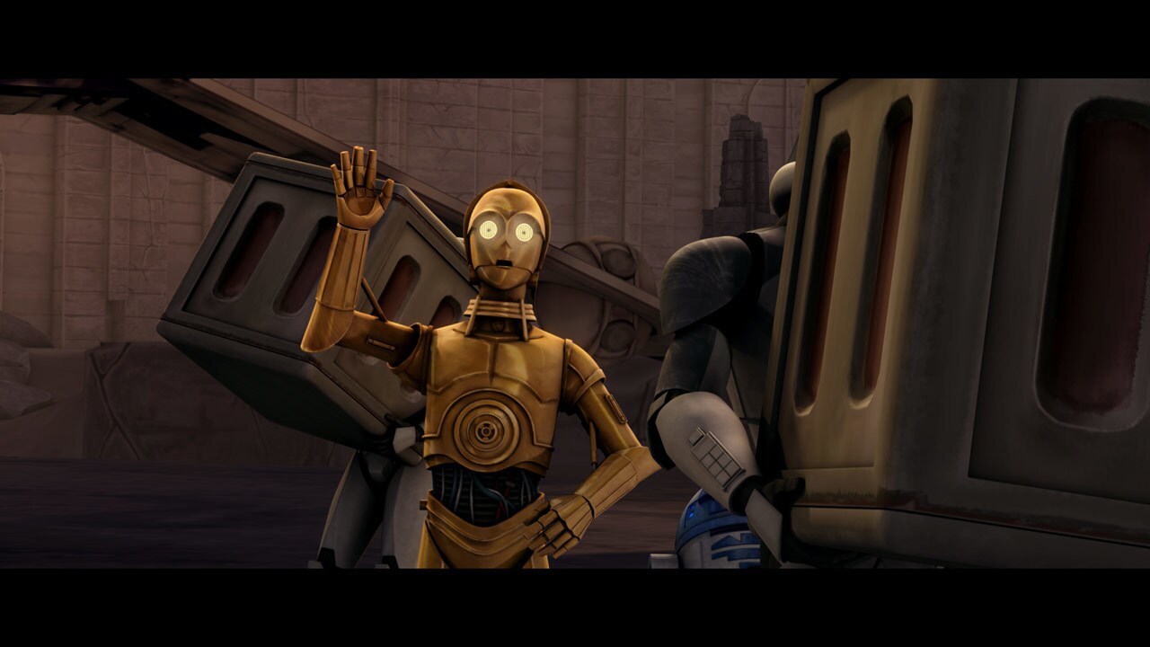 C-3PO emerges from a gunship, eager to help. Threepio translates Manchucho's welcome. The Aleena ...