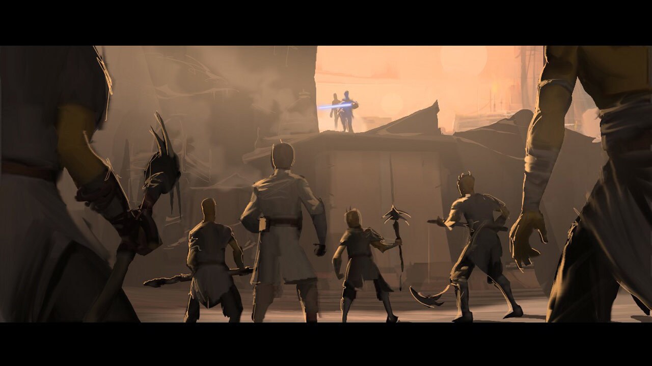 Concept art of Anakin and Obi-Wan in the Dathomir village