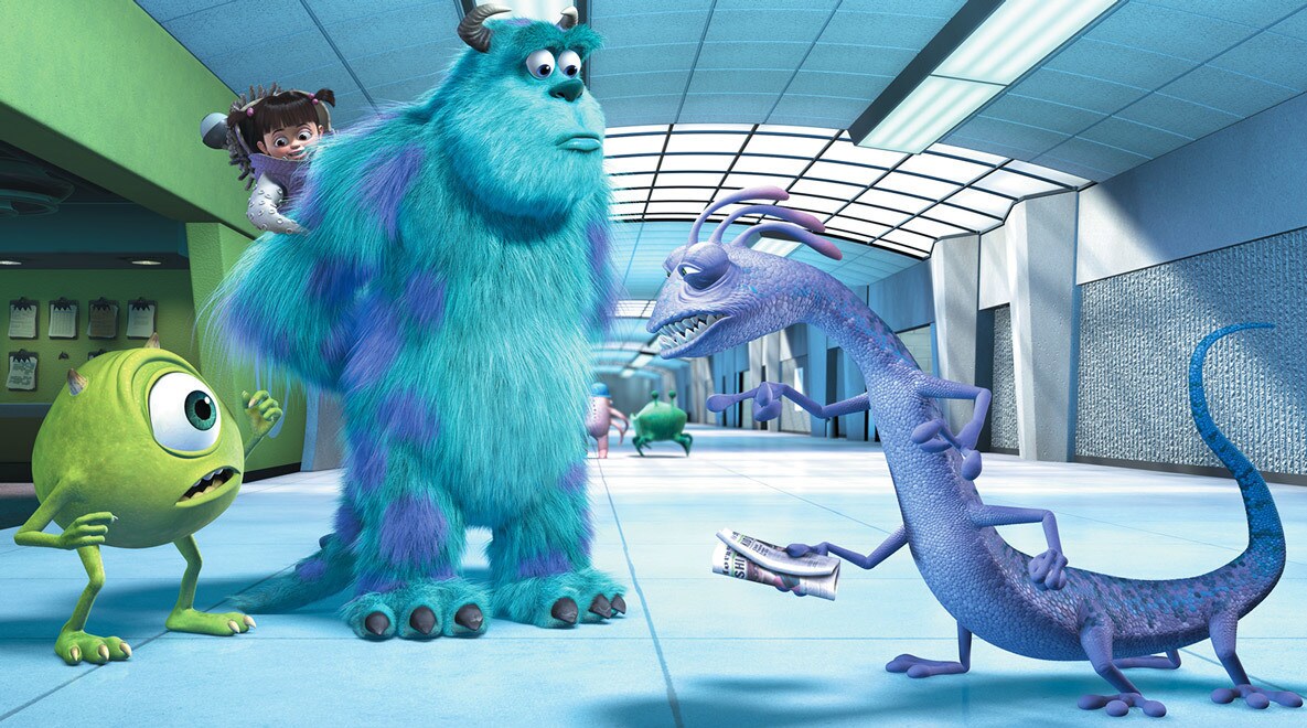 Billy Crystal as Mike Wazowski, John Goodman as Sully, Steve Bushemi as Randall, and Boo in a hallway in Monsters, Inc.