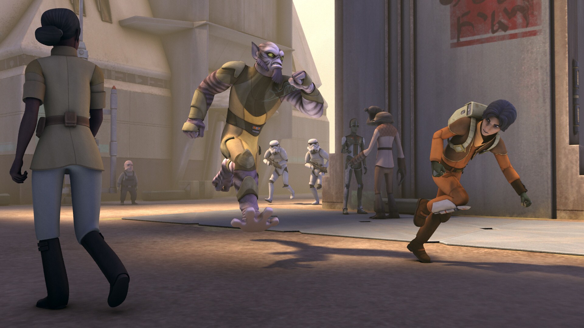 Zeb and Ezra take off through the Kothar streets, stormtroopers giving chase. Using his natural c...