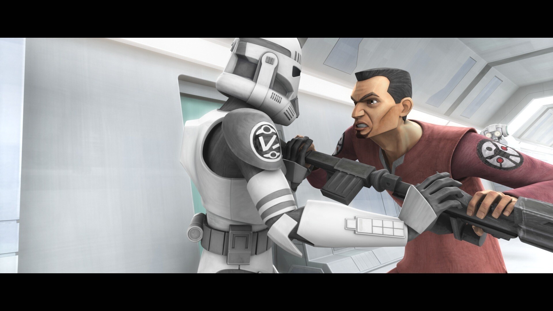 Fives is marched down a corridor by clone troopers and a Kaminoan scientist and passes AZI-3 who ...