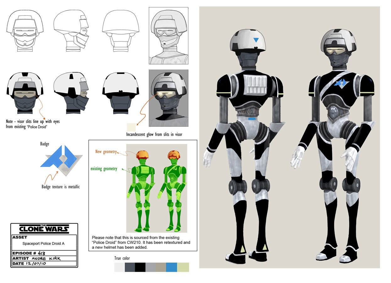 Spaceport police droid character design illustration by Andre Kirk