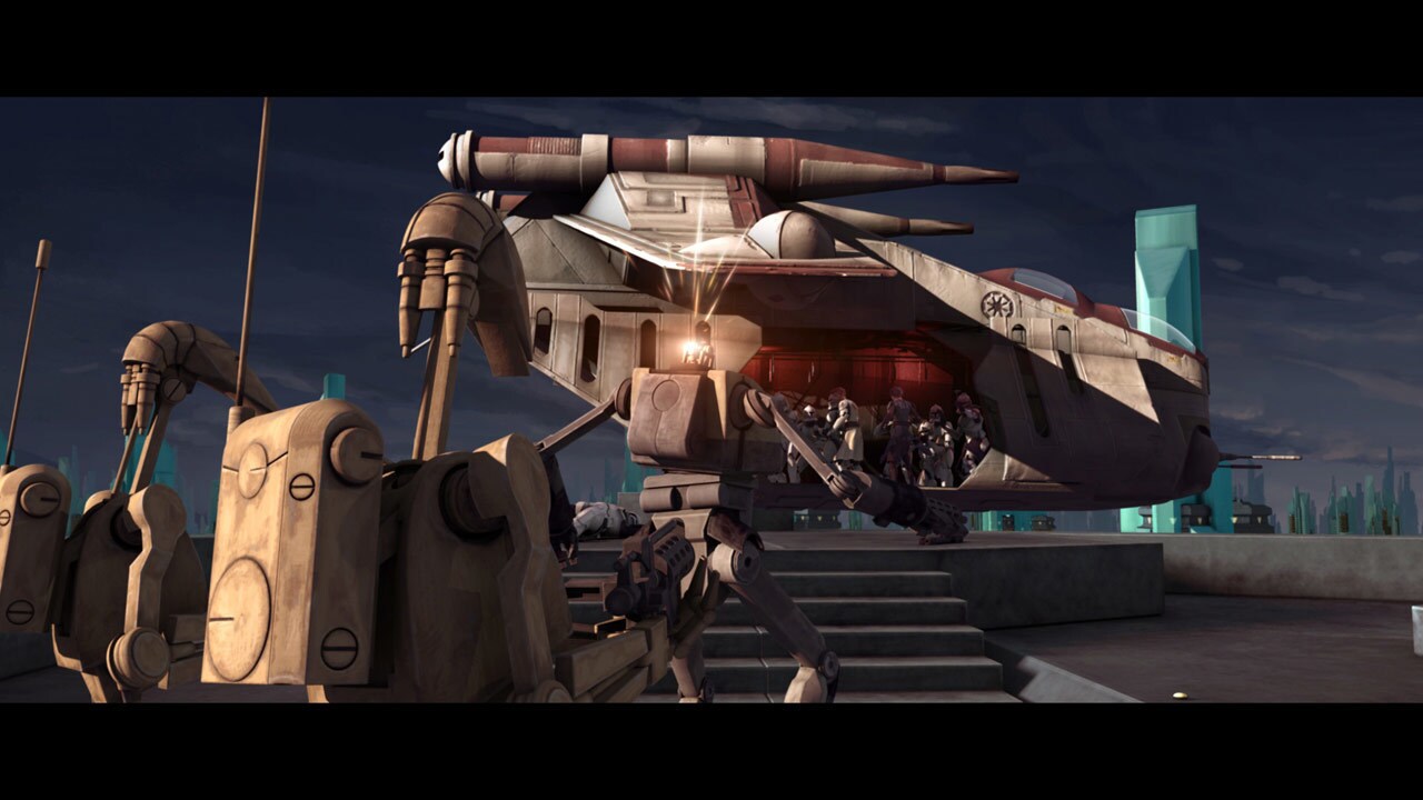 Joining the fight, Anakin regroups with Kenobi and the two retreat to the rooftop where a gunship...