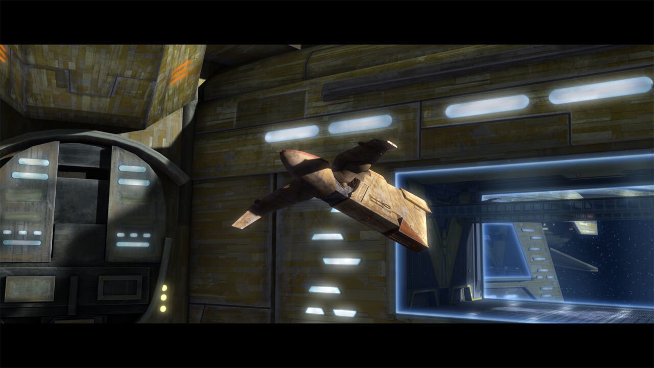 Bossk's starship Hound's Tooth lands on a space station connected by a skyhook turbolift tether t...
