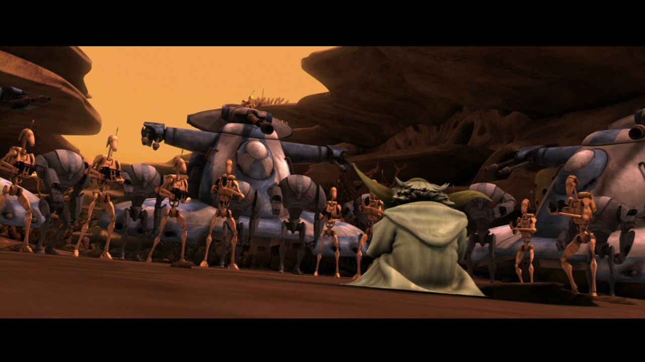 Yoda ventures into the canyon to confront the armored column. He sits, cross-legged, right in the...
