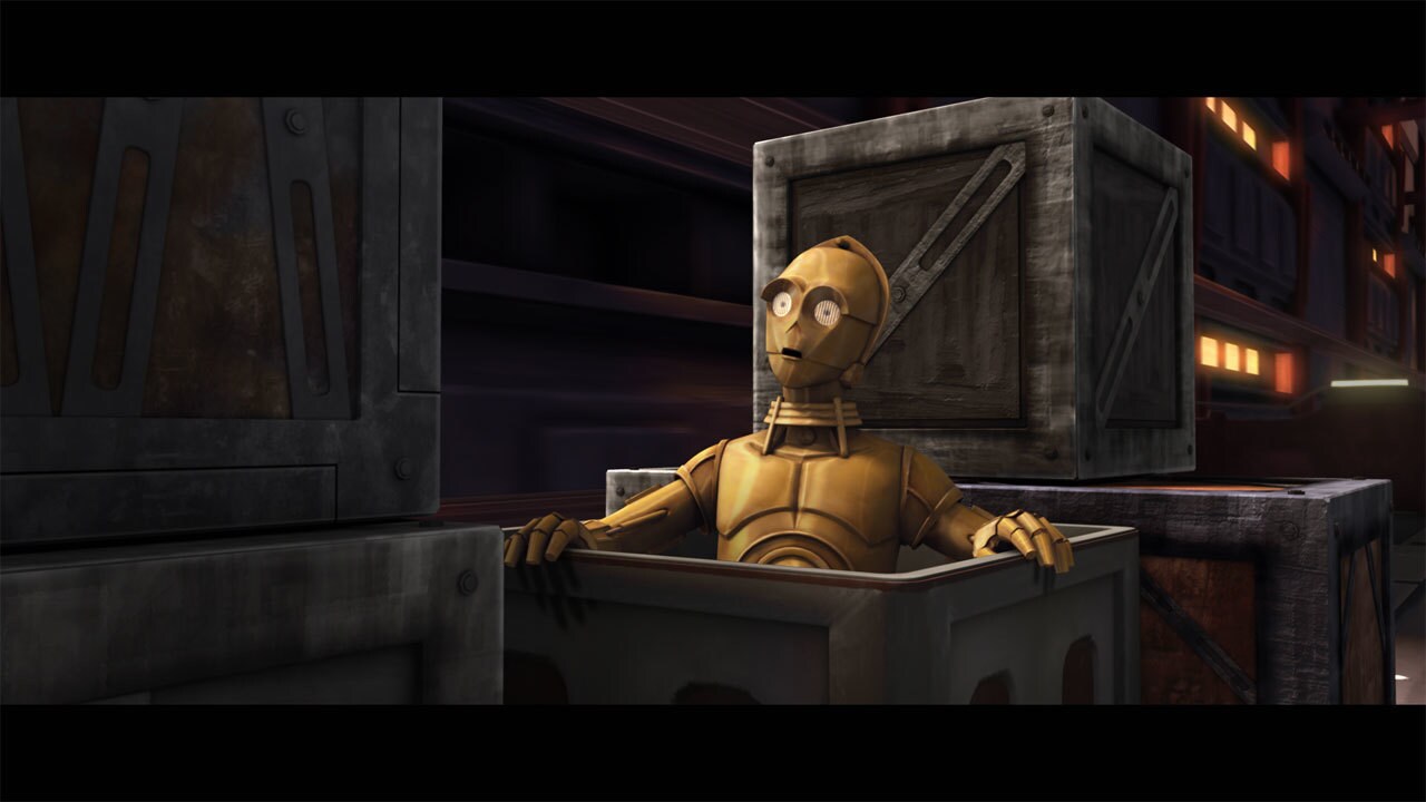 Poor C-3PO falls onto another rail car and into a crate. Obi-Wan Kenobi tries to lift him to safe...