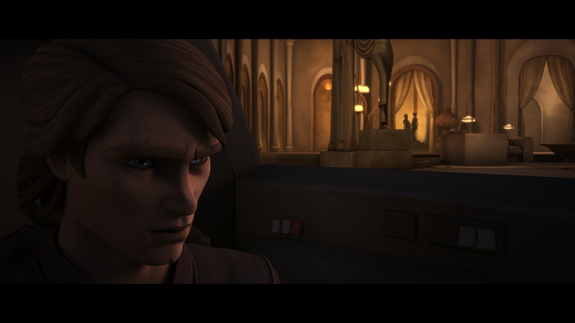 
Anakin sits on Padmé's verandah when she exits her room where Clovis is being tended to. Anakin...