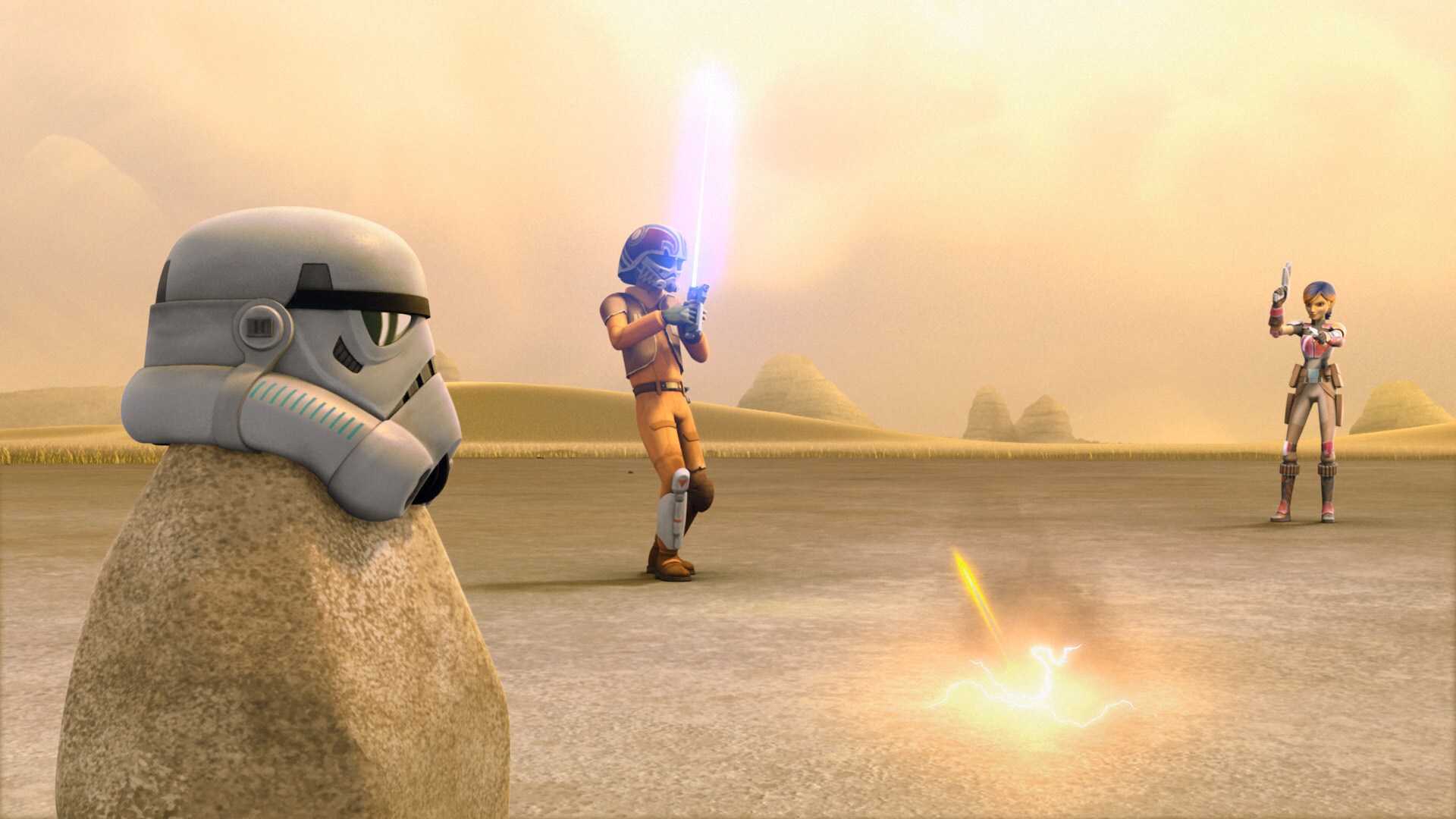 In outskirts of of Lothal, Ezra practices deflecting blasts with his lightsaber. Sabine, Chopper,...