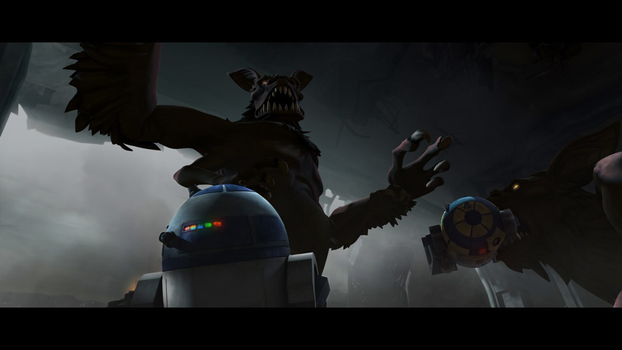 Outside, the astromech droids are suddenly attacked by vicious gundarks. Two of the creatures tea...