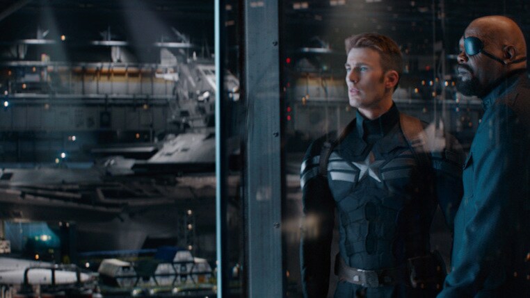 Actors Samuel L. Jackson (Nick Fury) and Chris Evans (Steve Rogers/Captain America) in Captain America: The Winter Soldier.