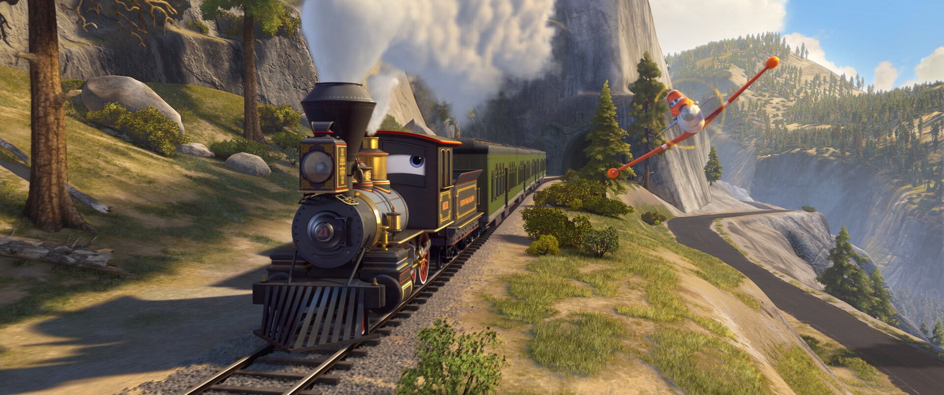 Dusty (Dane Cook) flying beside a train in the movie "Planes: Fire & Rescue"